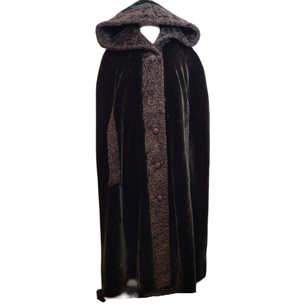 Faux Fur Hooded Cape Borgazia Sportowne Velvet Union Made 50s 60s OSFM